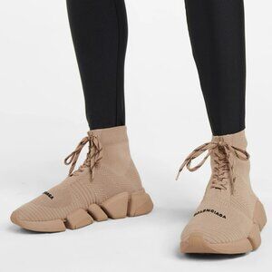 NWT Balenciaga Speed 2.0 Sneakers Beige Knit Fabric Lace Up Chunky Sole Sz 34